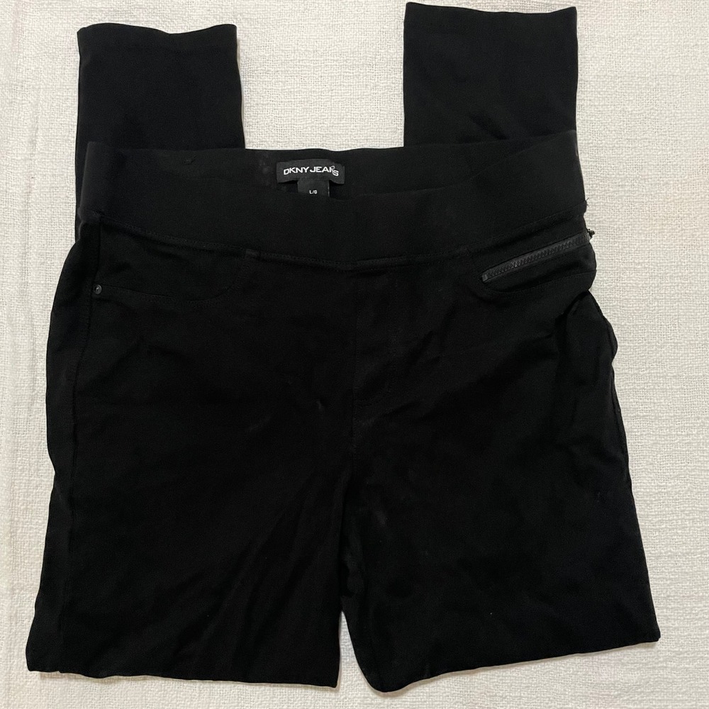 DKNY Jeans Womens Black Pull On Leggings Size Large Wide Waistband Pockets